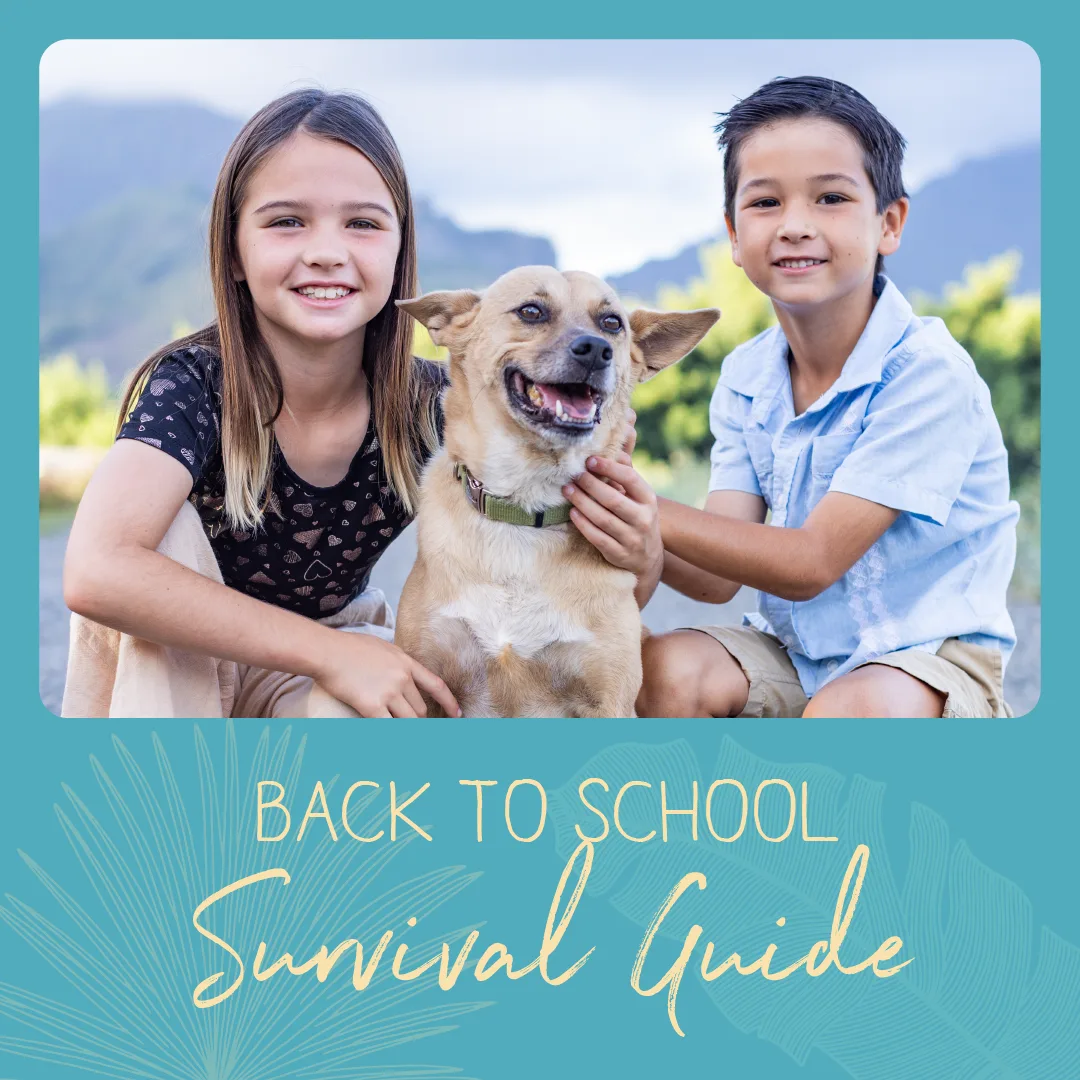 Children with a dog, smiling and posing for a back-to-school survival guide, emphasizing pet companionship during transitions.